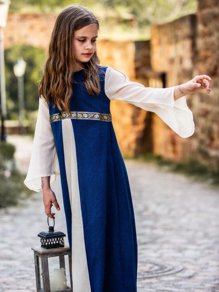 Robe médiévale "Piccolina" en bleu et écru 116 5